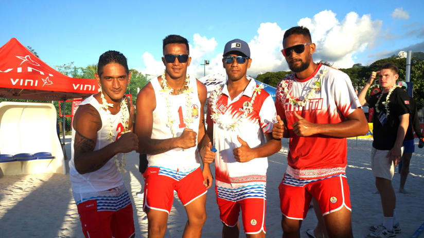 Local Tahitian players Christophe Ariitai, Hevanoa Vaki, Raihau Mare and Jeremie Paraue competing in their first Beach Pro Tour event (photos: Jean-Marc Monnier, ladepeche.pf)