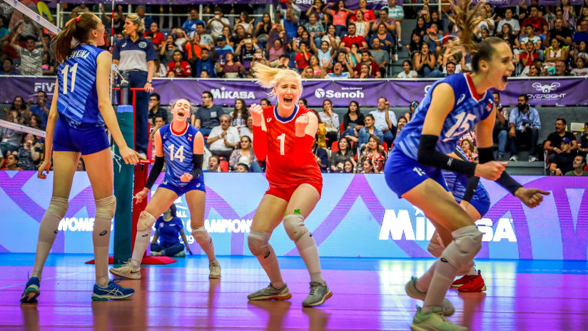 Russians Yulia Brovkina (11, Polina Shemanova (14) Varvara Shepeleva (libero) and Valeriya Shevchuk (15) celebrate winning the bronze medal