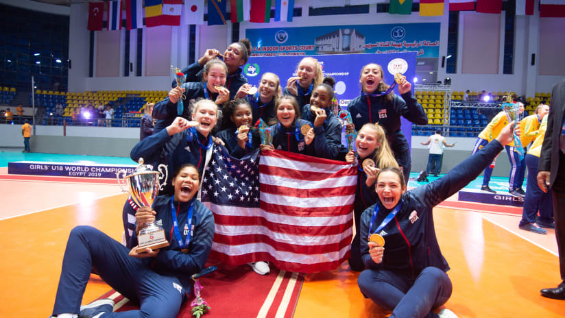 Sheer joy from the USA players who celebrate with their trophy and gold medals of the 2019 FIVB Girls' U18 World Championship in Ismailia