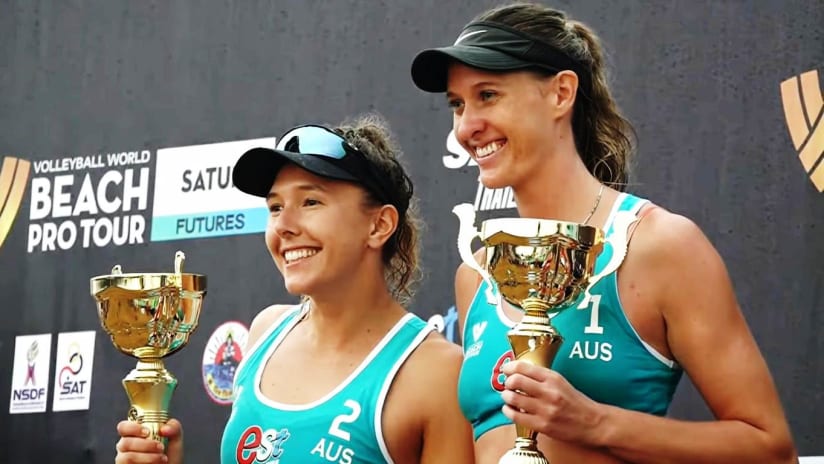 Nicole Laird & Brittany Kendall with the Satun Futures trophy
