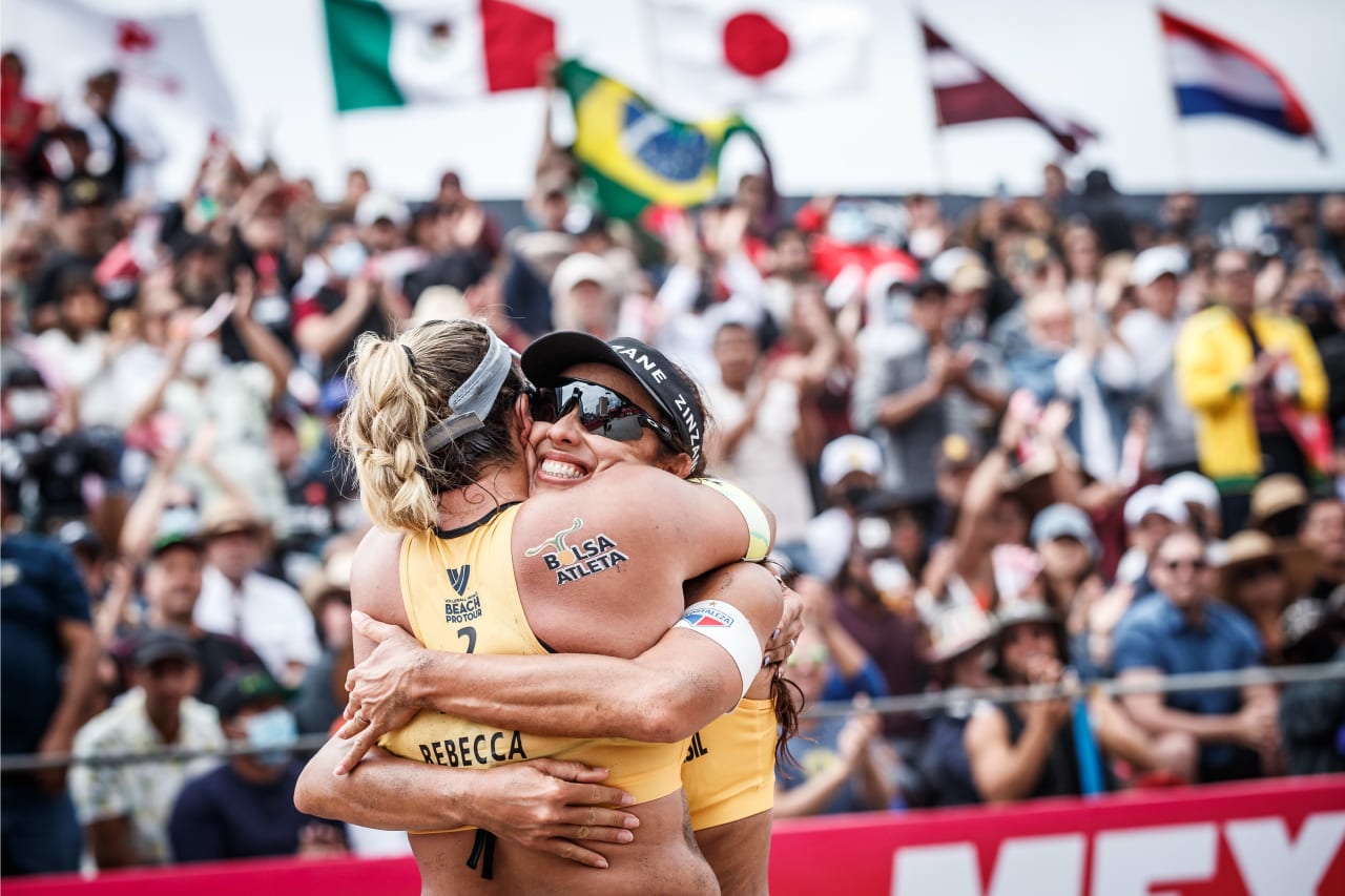 Brazilians bronze medallists Talita and Rebecca celebrate