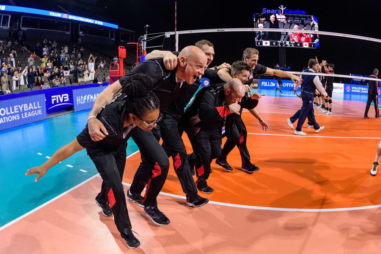 Coaching staff of Canada celebrate win in their own way after win over Japan at the 2019 FIVB Volleyball Nations League.