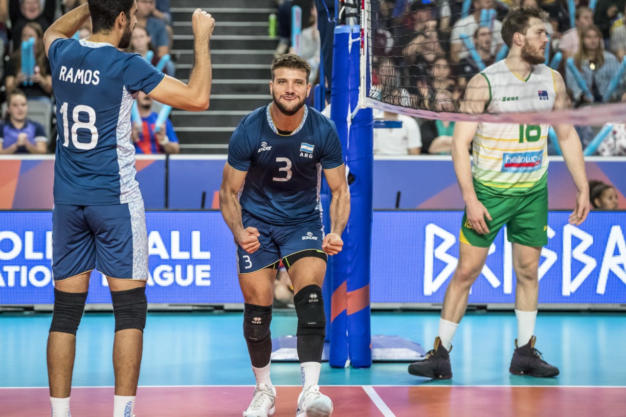 Jan Martinez pumped up after scoring against Australia at the 2019 FIVB Volleyball Nations League.