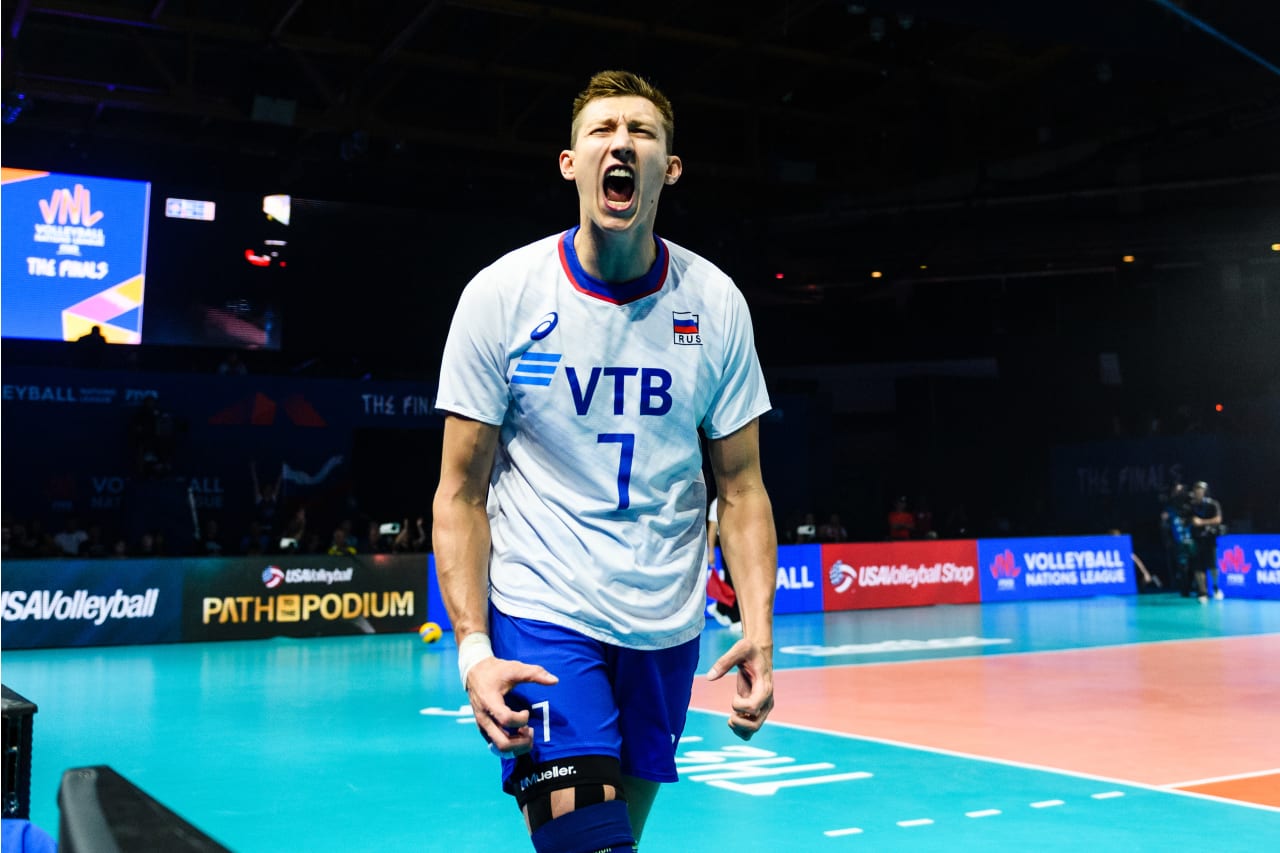 Russia's Dmitry Volkov celebrates a point