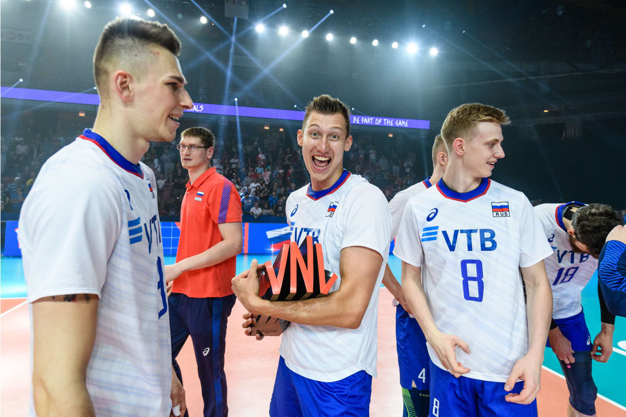The VNL trophy carried by Dmitry Volkov