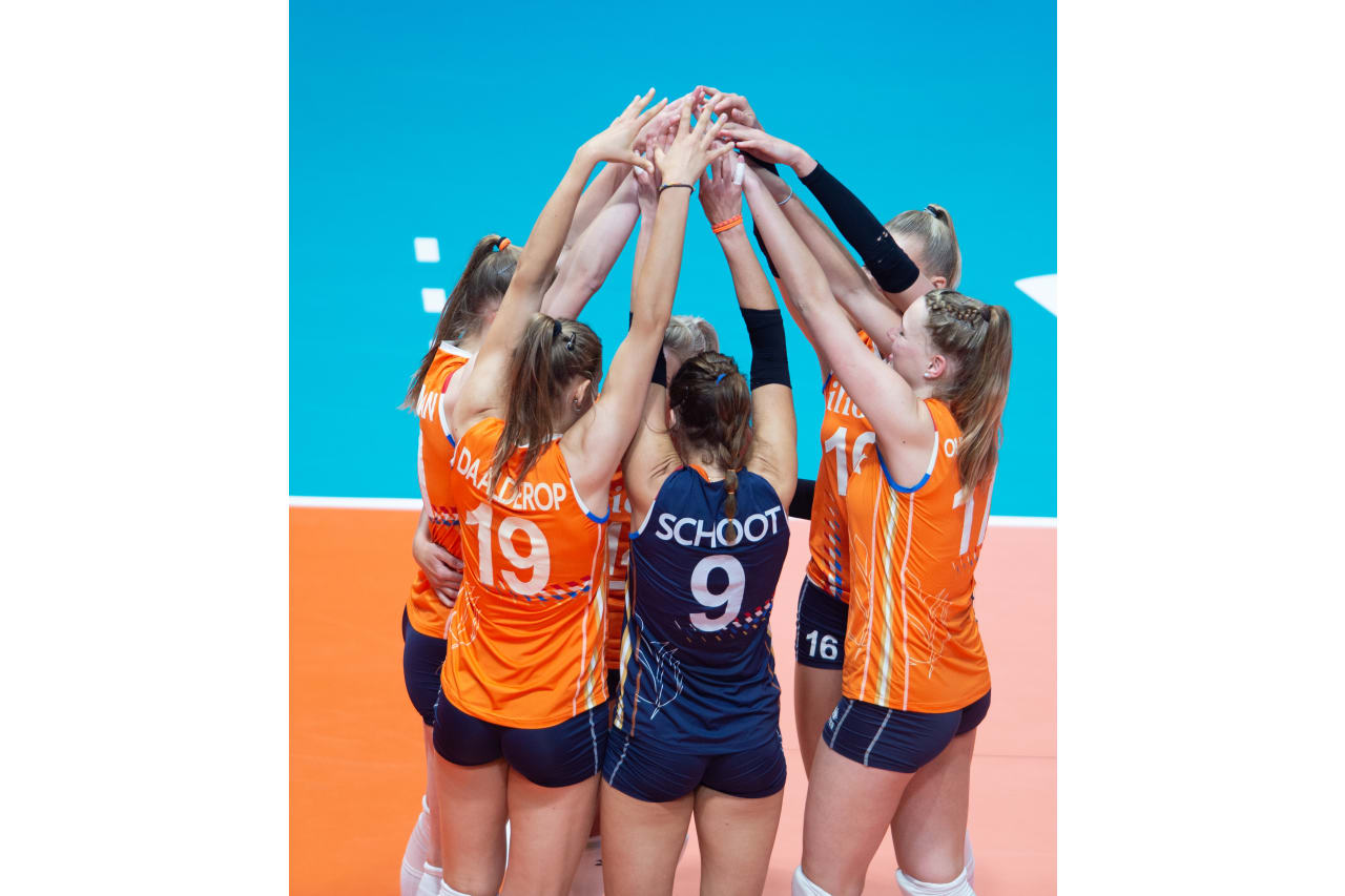 Dutch players celebrate during the 2019 FIVB Volleyball Nations League.