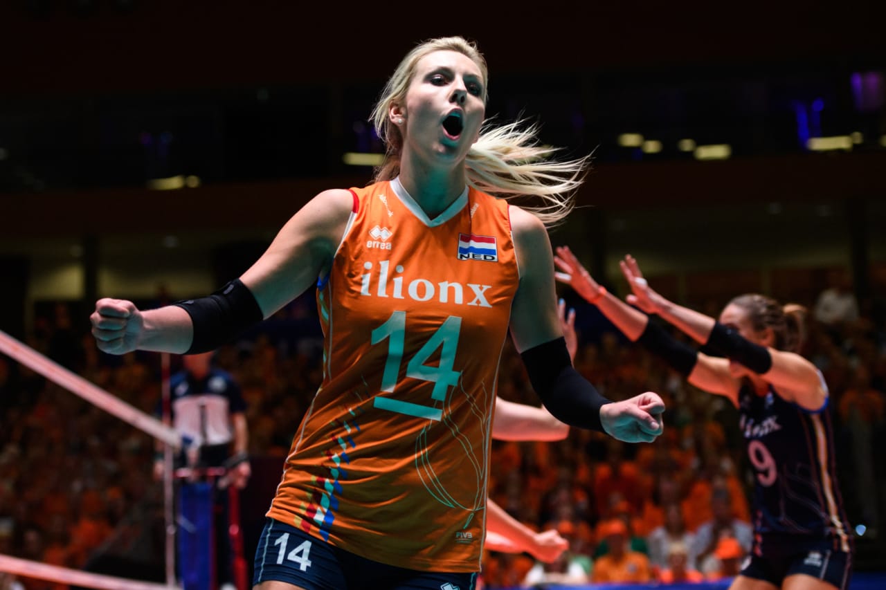 Captain Laura Dijkema celebrates during the 2019 FIVB Volleyball Nations League.