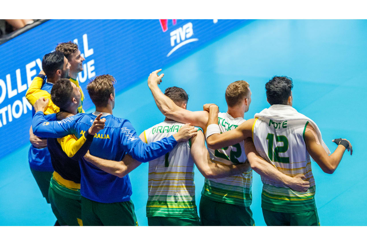 Australian subs cheer on their teammates at the 2019 FIVB Volleyball Nations League.
