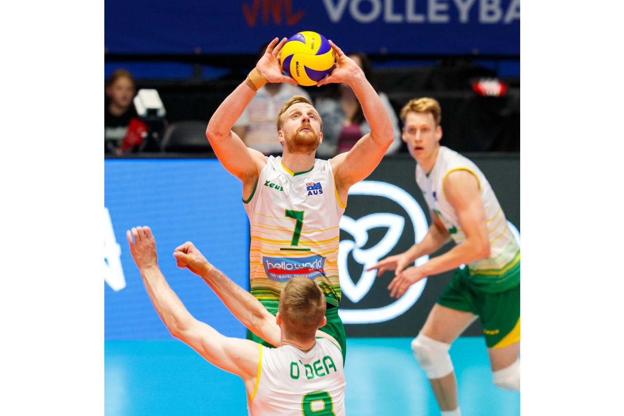 Harrison Peacock sets the ball during the 2019 FIVB Volleyball Nations League.