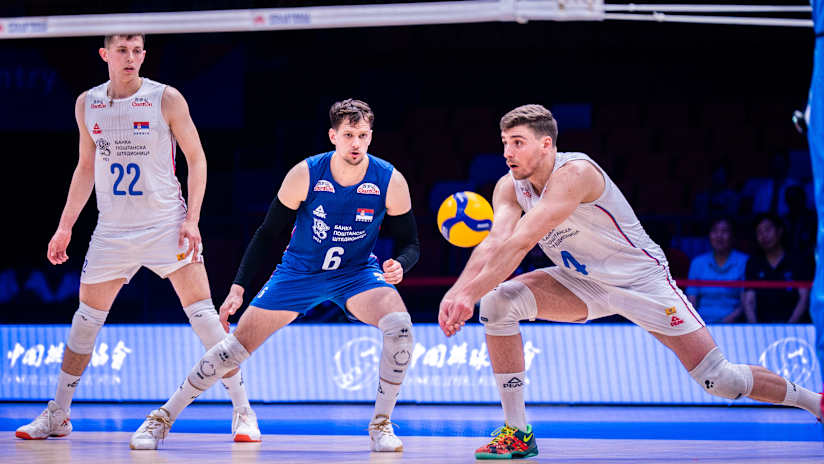 Serbia men`s national volleyball team in action