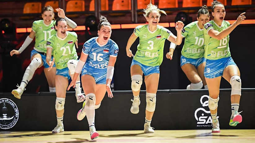 Slovenian players celebrate their advancement to the World Championship eighthfinals