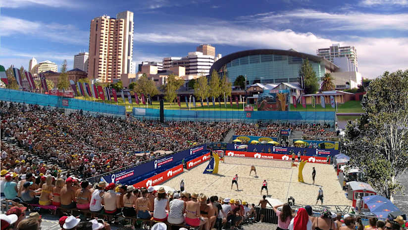 Artist’s render of Court 2 of the 2025 Beach Volleyball World Championships overlooking the city from Adelaide’s northern riverbank (source: volleyball.org.au)