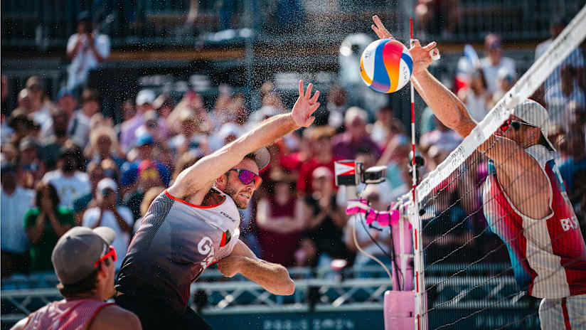 Wickler spikes during the second match of the day at the Eiffel Tower Stadium