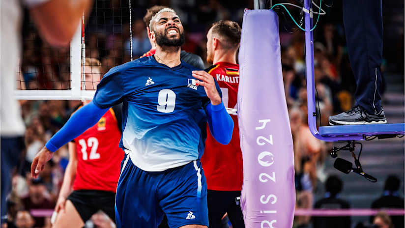 Ngapeth celebrates a point during France's critical quarterfinal victory over Germany