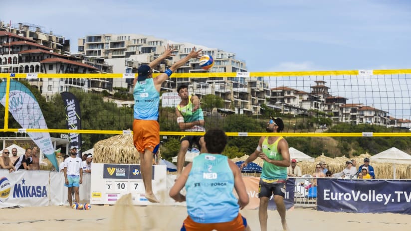 Max Trummer spikes during the men’s final in Sveti Vlas