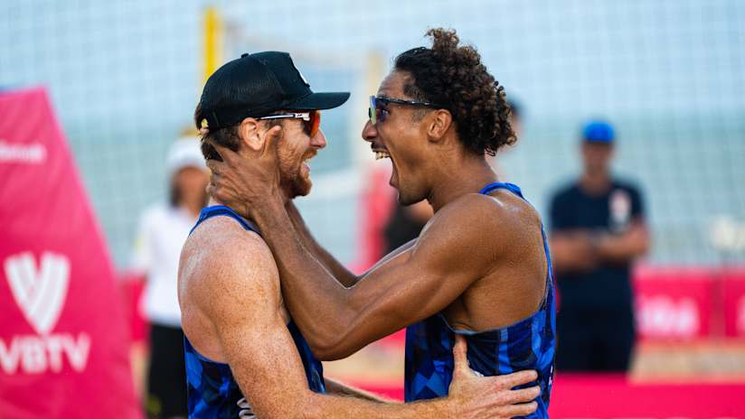 France’s Remi Bassereau & Calvin Aye celebrate their advancement to the Joao Pessoa Elite semifinals