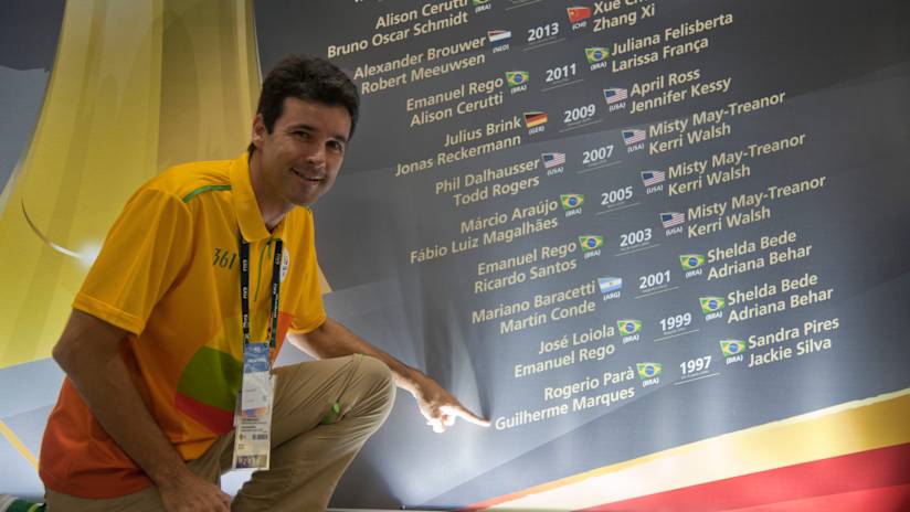 Guilherme Luiz Marques, Bruno`s father, celebrating his gold medal win at the 1997 FIVB Beach Volleyball World Championship.