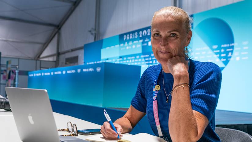 Kerri Pottharst at the Paris 2024 beach volleyball media centre preparing for her next match