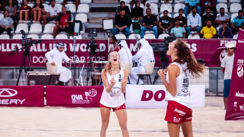 Belgium’s Lente Thant & Simone Vervloet celebrate after winning the bronze medal match