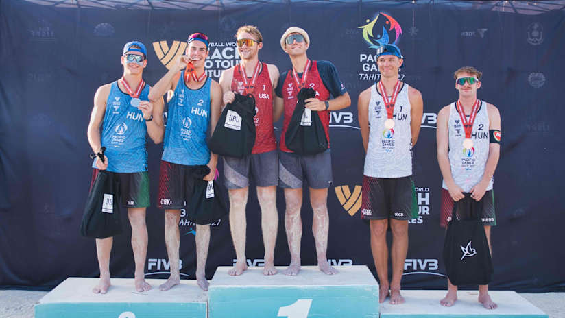 The 2026 Tahiti Futures podium (source: Tahiti World Beach Pro Tour)