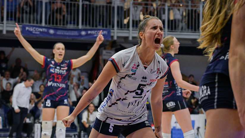 Chieri`s Olympic champion libero Illaria Spirito celebrates a point against Milano