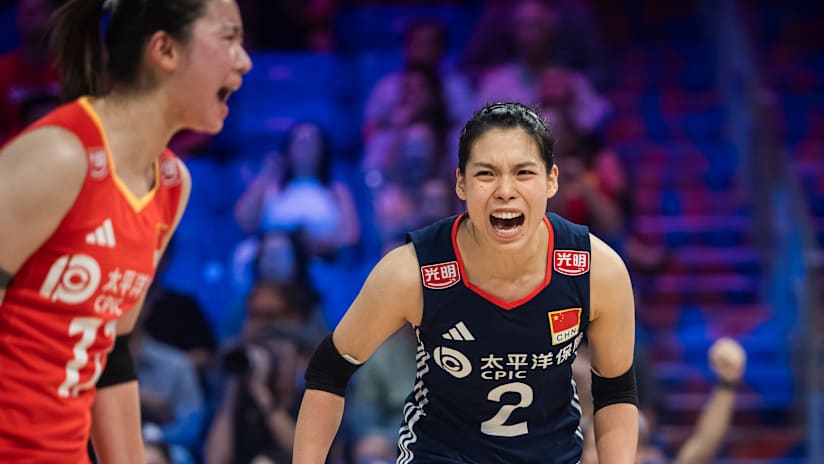 China women`s volleyball players celebrate victory against Canada in VNL