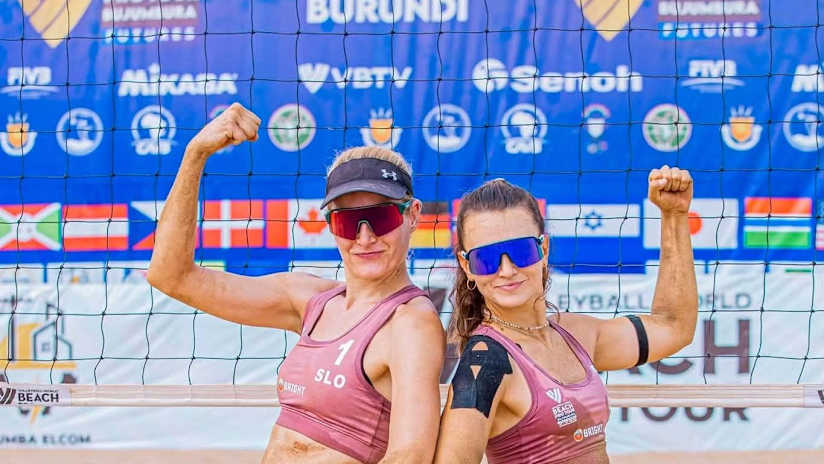 Slovenia’s Tjasa Kotnik & Tajda Lovsin celebrate in Bujumbura (source: CAVB- African Volleyball Confederation)