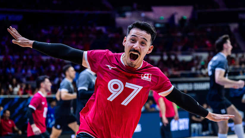 Triumphant Canadian libero Landon Currie after the win over Japan at the Men’s Volleyball World Championship