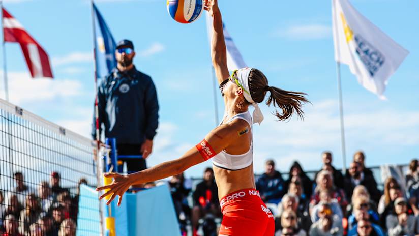 Tina Graudina in attack during the Jurmala Futures final (photo: Arturs Stiebrins / cev.eu)