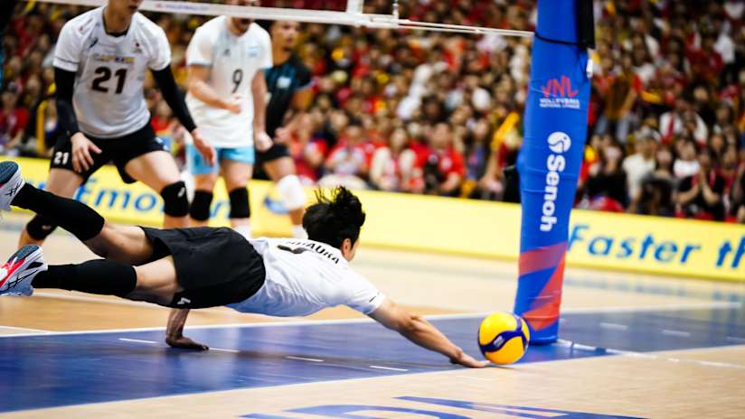 Japan’s Kento Miyaura diving in defense against Argentina