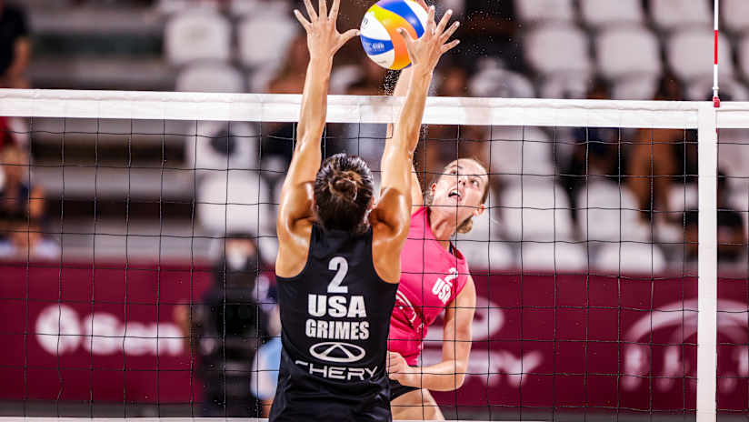 USA`s Ella Grimes attempts to block Addison Junk also of USA in the final