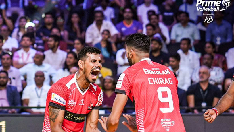 Calicut Heroes’ Jet Jerome and Chirag Yadav celebrate as champions (source: RuPay Prime Volleyball League)