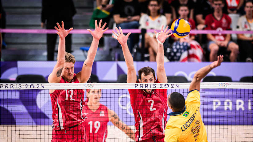 USA's Max Holt and Aaron Russell try to stop Brazil's Ricardo Lucarelli