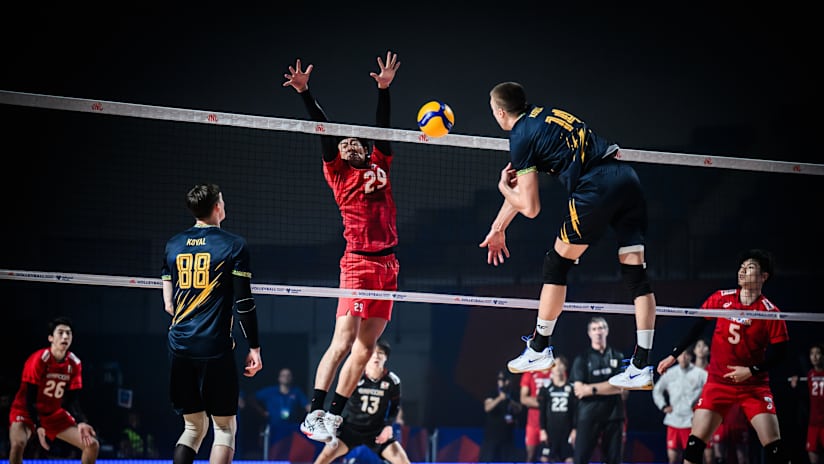 Ukraine`s Illia Kovalov attacks against Japan in the VNL match