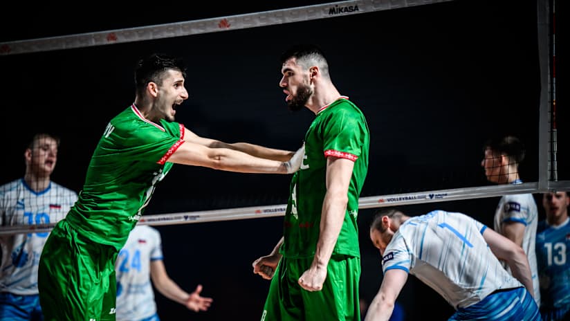 Bulgaria Men`s National Volleyball Team celebrating victory over Slovenia