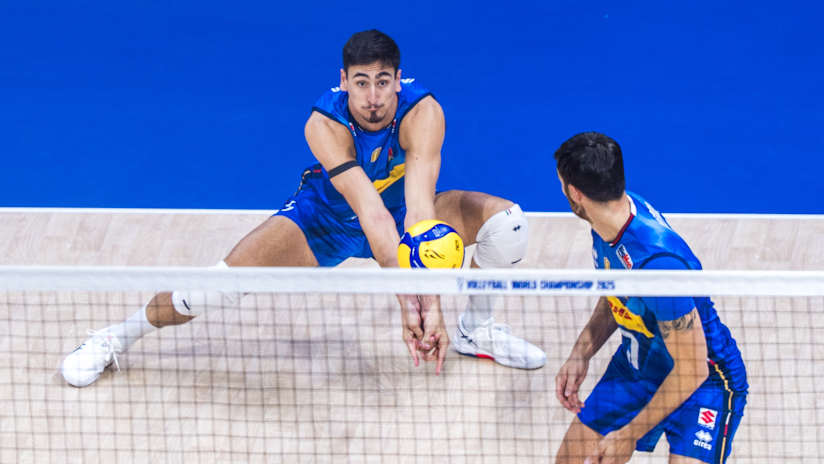 Italy`s Alessandro Michieletto spiking the ball during the Men`s Volleyball World Championship match against Algeria