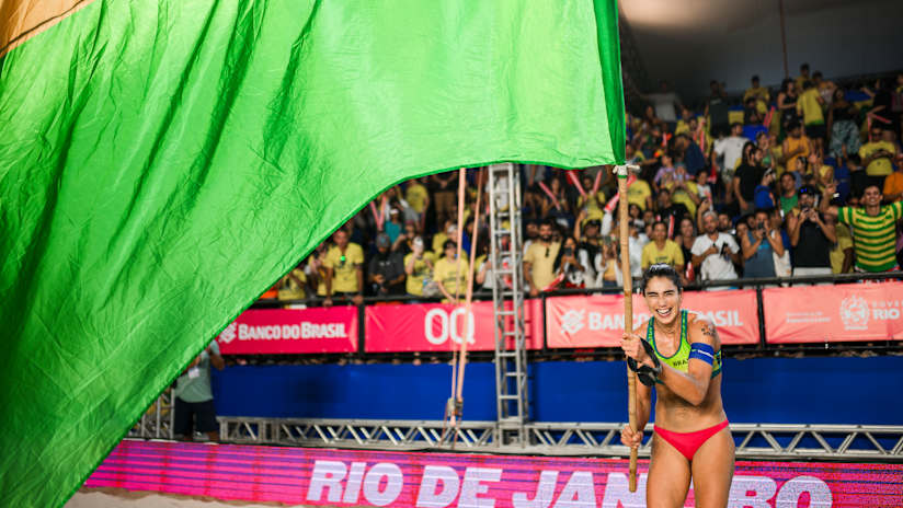 Brazilian beach volleyball player Carol Solberg celebrates winning the 2024 Rio de Janeiro Elite16.