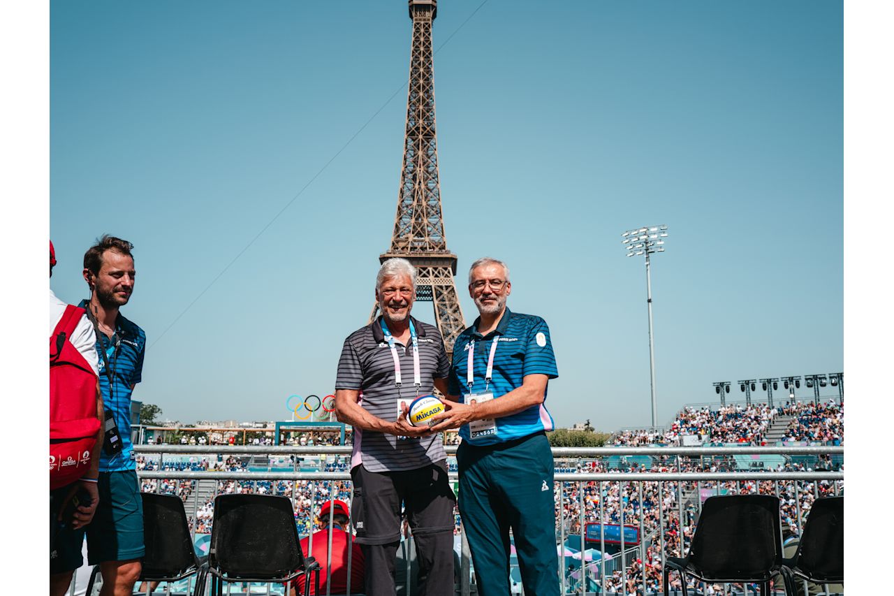 Paris 2024 CEO Etienne Thobois and CSV President Marco Tullio Teixera at Paris 2024 Beach Volleyball