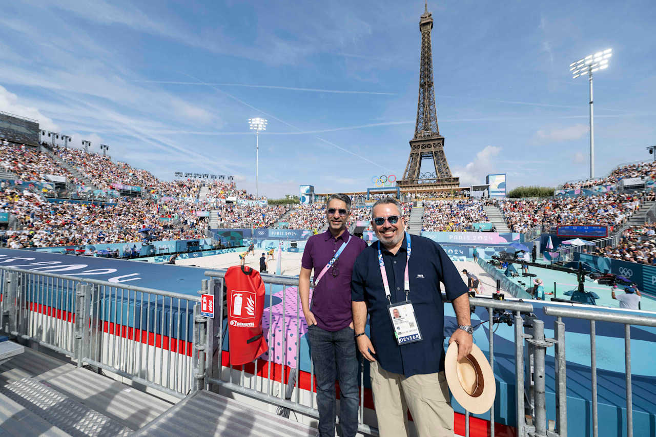 FIVB General Director Fabio Azevedo and former Olympic champion (sports shooting) Abhinav Bindra at Paris 2024 Beach Volleyball