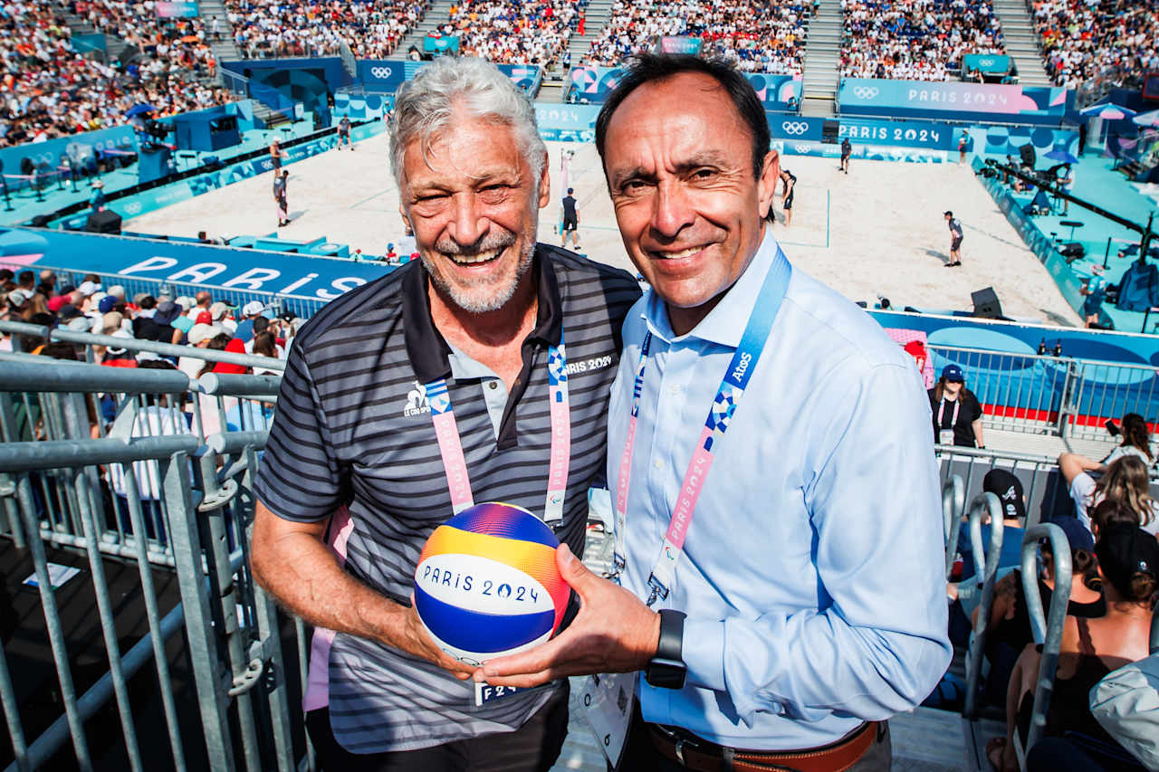 Chile Sports Minister Jaime Pizarro and CSV President Tullio Teixeria at Paris 2024 Beach Volleyball