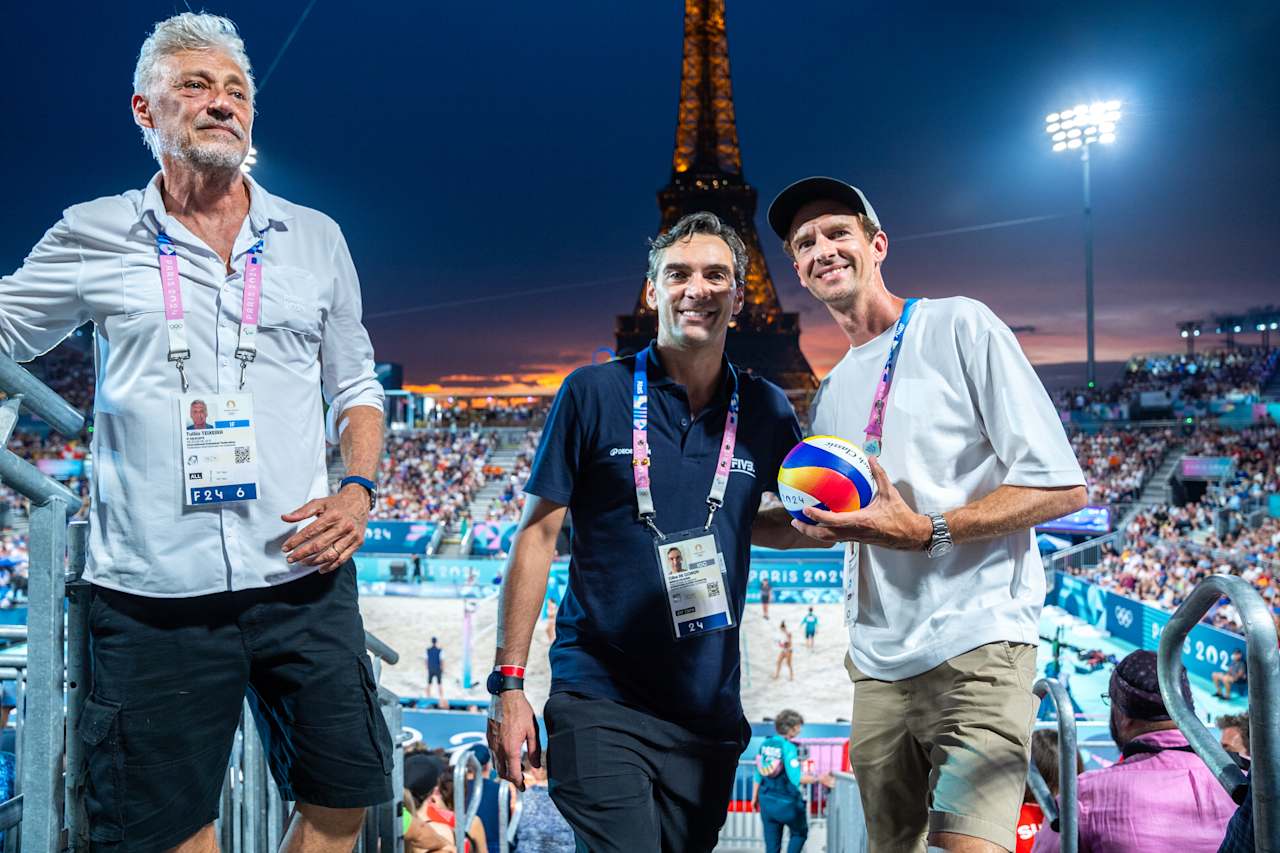 Sebastien Griesmar, director of Lausanne, the Olympic Capital and FIVB Athlete Ambassador Giba at Paris 2024 Beach Volleyball