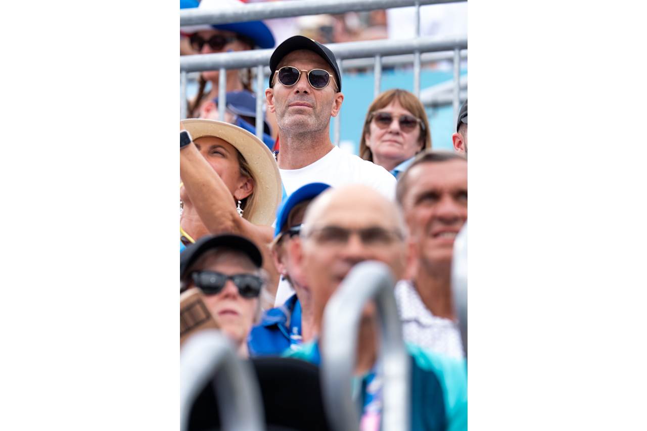 French football player Zinedine Zidane at Paris 2024 Beach Volleyball