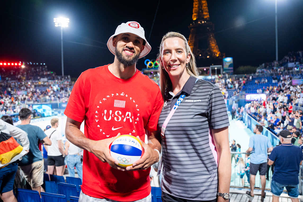 Team USA’s Derrick White and FIVB Athlete Ambassador and two-time Olympian, Louise Bawden at Paris 2024 Beach Volleyball