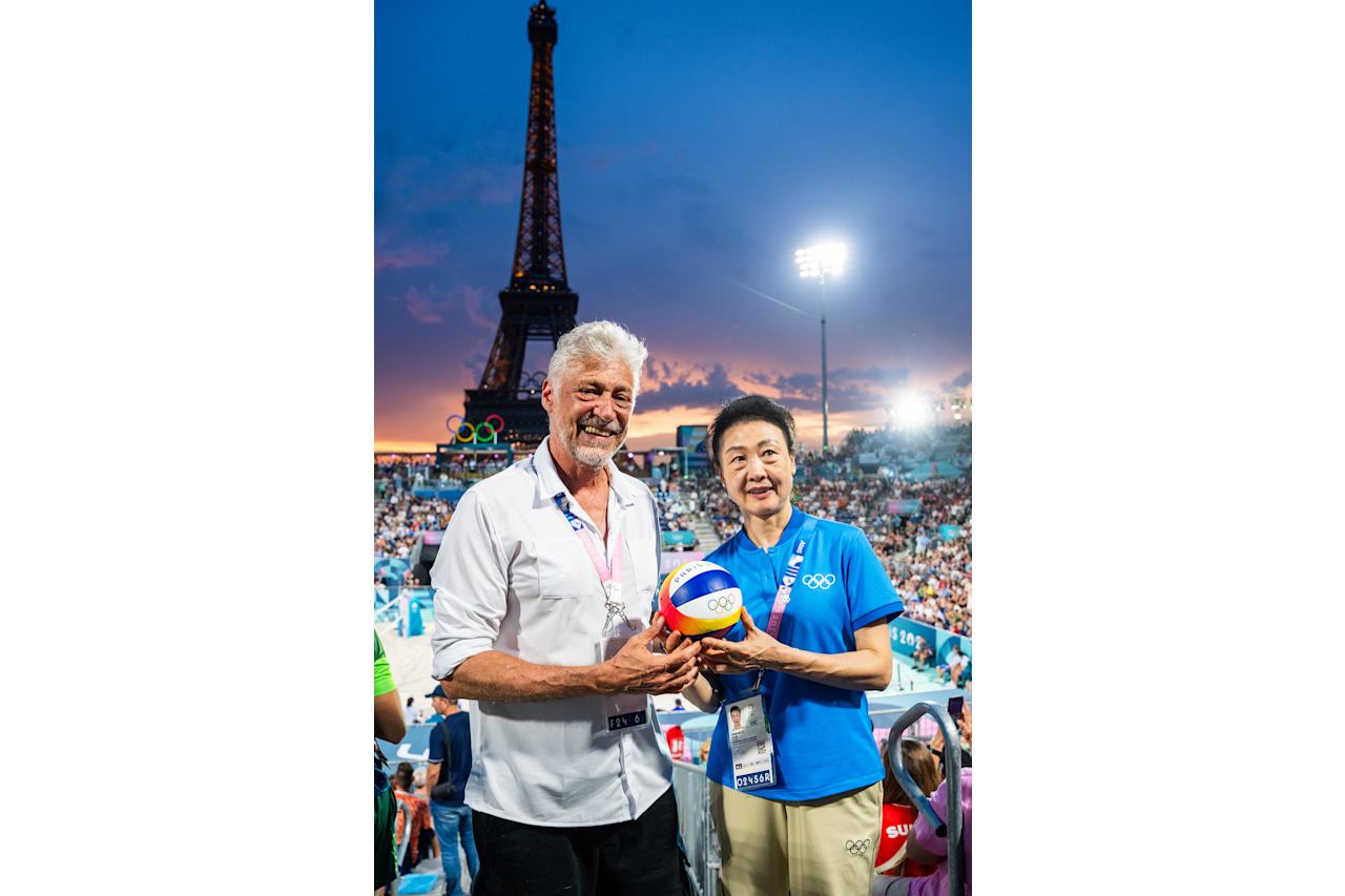 IOC Member Li Lingwei and and Marco Tullio Teixeira, FIVB Executive Vice-President at Paris 2024 Beach Volleyball