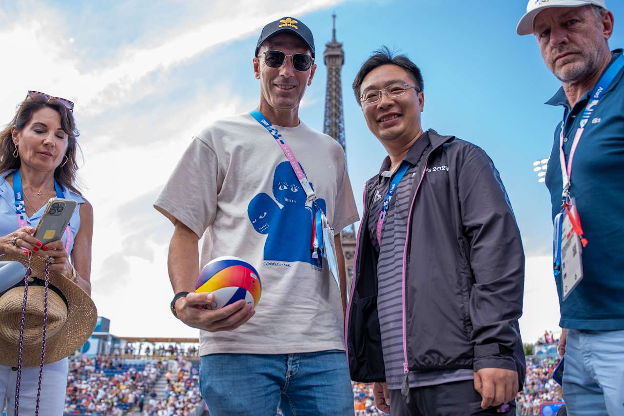 French football player Zinedine Zidane at Paris 2024 Beach Volleyball