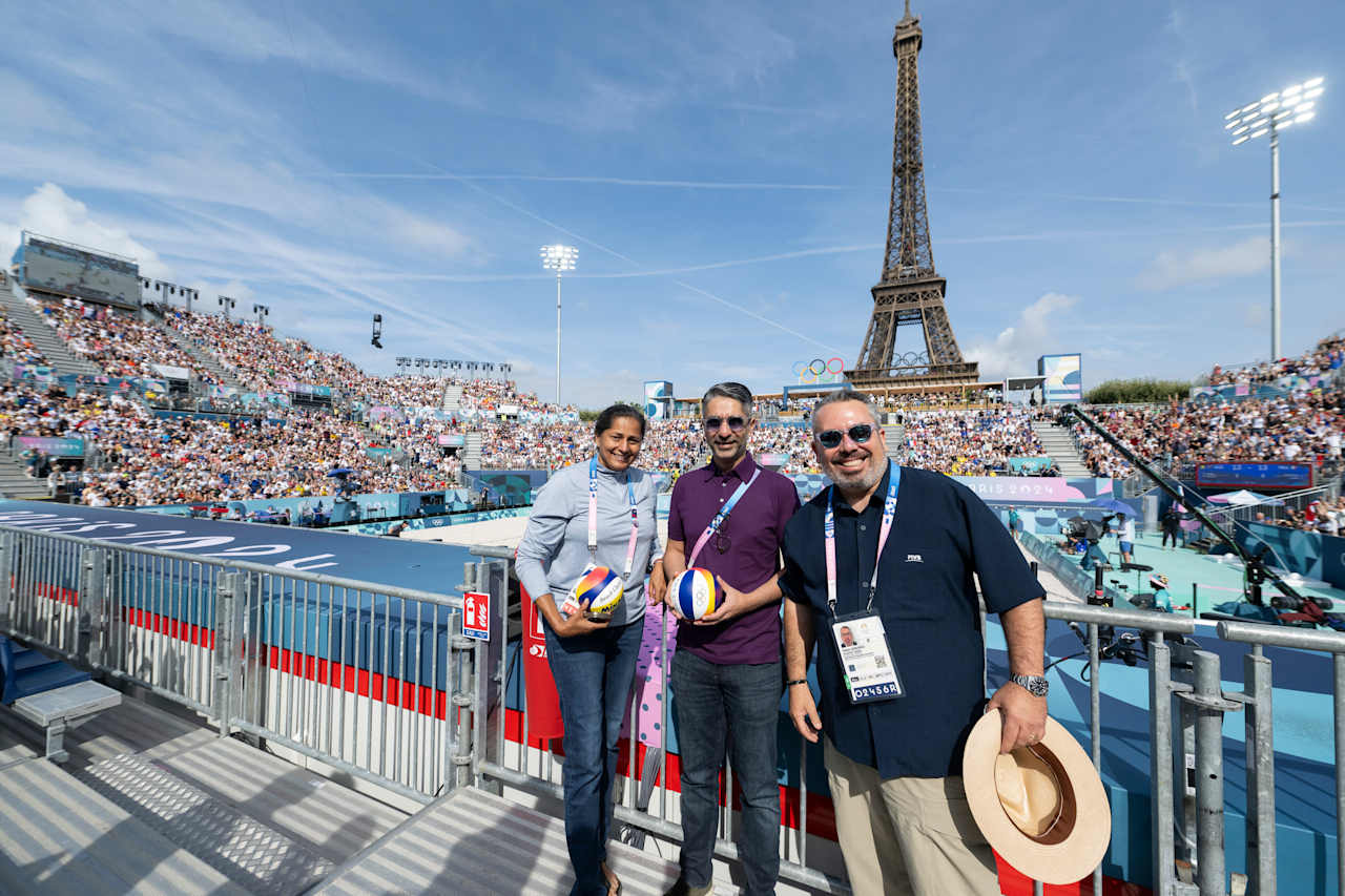 FIVB General Director Fabio Azevedo and former Olympic champion (sports shooting) Abhinav Bindra and a former professional tennis player and currently Head of Sports Excellence & Scouting at JSW, Manisha Malhotra at Paris 2024 Beach Volleyball