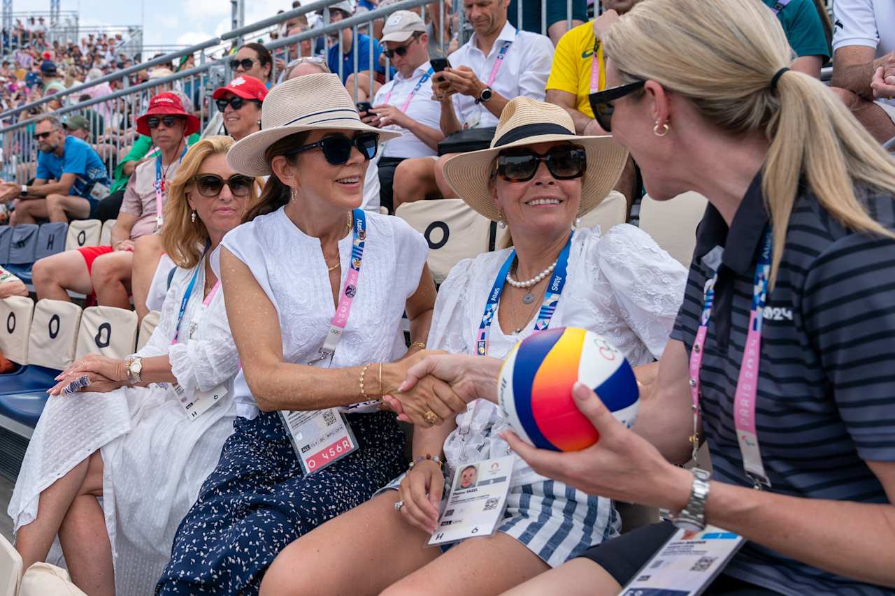 HRH Queen Mary of Denmark with FIVB Athlete Ambassador Louise Bawden at Paris 2024 Beach Volleyball