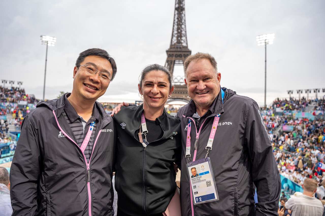 Mexican Sports Minister Ana Guevara (middle) at Paris 2024 Beach Volleyball