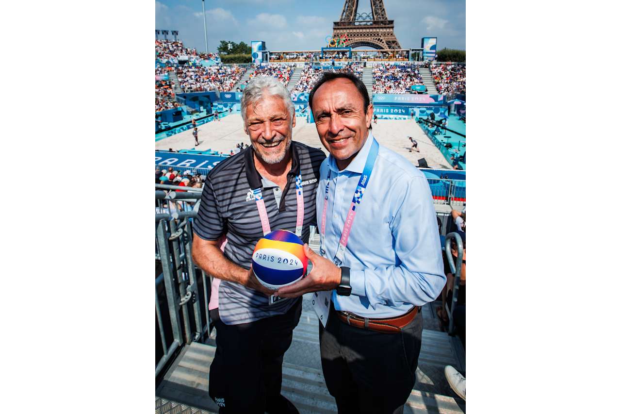 Chile Sports Minister Jaime Pizarro and CSV President Tullio Teixeria at Paris 2024 Beach Volleyball