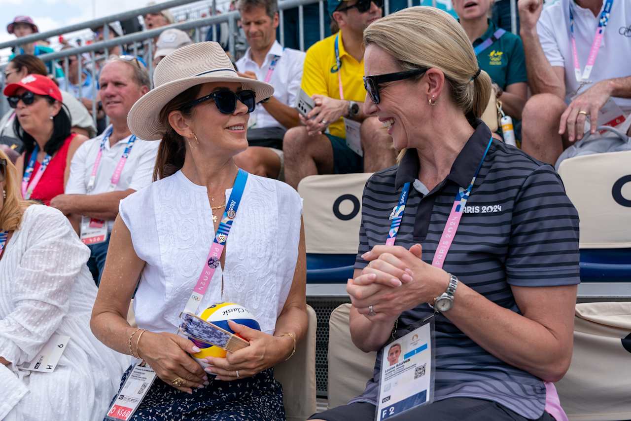 HRH Queen Mary of Denmark with FIVB Athlete Ambassador Louise Bawden at Paris 2024 Beach Volleyball